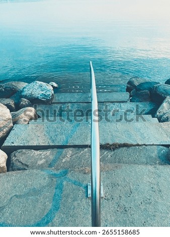 Stone steps with railing leading into calm water