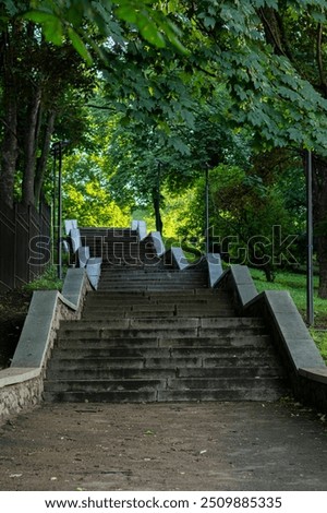 Stone steps with a zigzag railing ascend through a park lined with lush green trees and black lamp posts, creating a serene and natural outdoor environment.