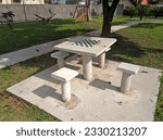 Stone table and benches in public square