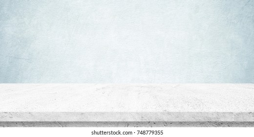 Stone Table For Product Display Background, Banner, White Perspective Concrete Table Top, Shelf, And Blue Cement Wall Gradient Texture Background, White Stone Counter Surface For Food Backdrop