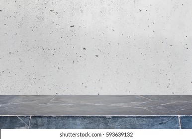 Stone Table Top And Background Of Grey Old Concrete Wall - Can Used For Display Or Montage Your Products.