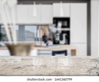 Stone table top and blurred kitchen interior background - can used for display or montage your products. - Shutterstock ID 1641360799