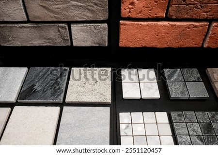 Stone tile , Brick pattern and marble texture collection display on sample material board. Wall and floor finishing in natural style. Exterior architecture and interior decoration ideas