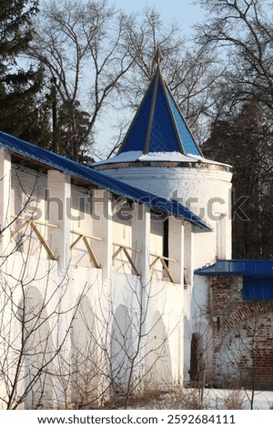 Stone tower and part of the wall of the Solotchinsky Convent. Convent of the Ryazan Diocese of the Russian Orthodox Church. Founded in 1390 by Grand Duke Oleg Ivanovich Ryazansky