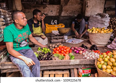 STONE TOWN, TANZANIA - African Market. Fruit And Vegetable Stall On The Market At Stone Town, Tanzania