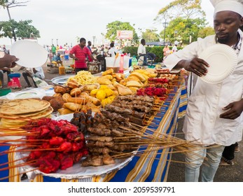 Stone Town, Zanzibar, Tanzania - January, 2021: Night Forodhani Market With Plenty Of Local Food. Africa