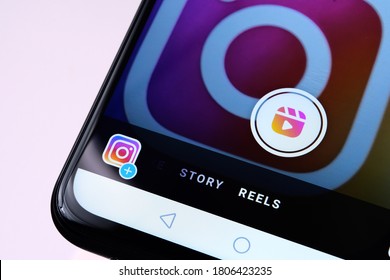 Stone / UK - August 31 2020: Instagram Reels Seen In Instagram App On Mobile Phone. New Feature From Facebook Aimed To Create Competition With TikTok. Not A Montage