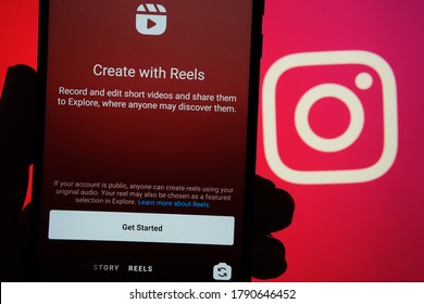 Stone, UK - August 6 2020: Instagram Reels start screen seen on mobile phone and Instagram logo on blurred background. New feature from Facebook aimed to create competition with TikTok. Not a montage