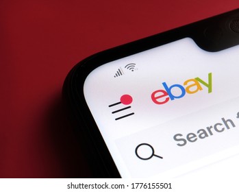 Stone  UK - July 14 2020: Ebay app seen on the corner of mobile phone with large logo, search bar and notification.