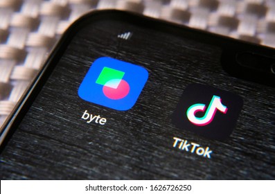 Stone / United Kingdom - January 26 2020: Byte app and Tiktok app in the corner of smartphone. Byte is the sequel to Vine app and potential competitor to TikTok. 
