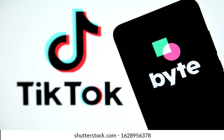 Stone / United Kingdom - January 26 2020: Byte App On The Silhouette Of Smartphone And TikTok Logo On A Blurred Background Screen. Concept For Competition. Real Photo, Not A Montage.