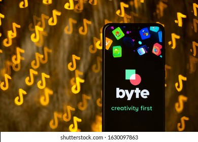 Stone / United Kingdom - January 27 2020: Byte App On Smartphone And TikTok Shaped Bokeh On A Background. Concept For Competition.  Not A Montage. The Special Photo Camera Lens Is Used.