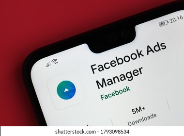 Stone / United Kingdom - July 30 2020: Facebook Ads Manager App Seen On The Corner Of Mobile Phone.