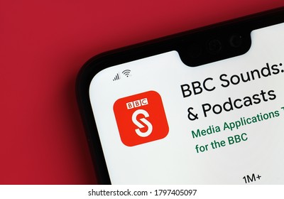 Stone / United Kingdom - July 30 2020: BBC Sounds app seen on the corner of mobile phone.