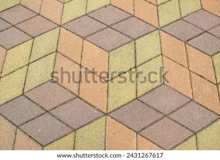 Stone walkway with flagstones tiled in geometrical pattern with interesting optical illusion.