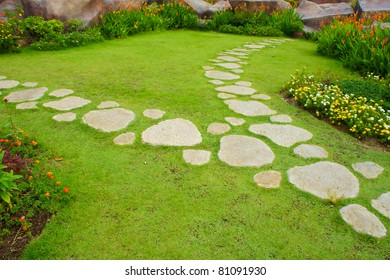 Stone walkway winding in garden