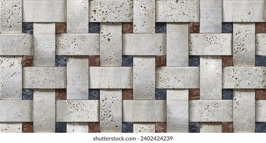 Stone wall cladding made of white and gray quartzite bricks, 3D Seamless Ceramic Wall tiles design Texture Wallpaper design Pattern Graphics design.