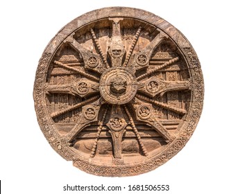 A Stone Wheel Engraved In The Walls Of Konark Sun Temple (Odisha, India) Isolated White Background.