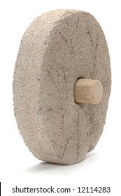 Stone Wheel On A White Background Depicting The First Wheel Ever Made