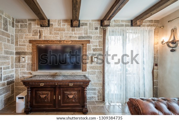 Stoned Wall Wooden Ceiling Beams Interior Stock Image
