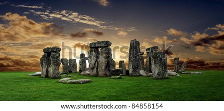 Stonehenge large panorama at sunset, United Kingdom (without tourists)