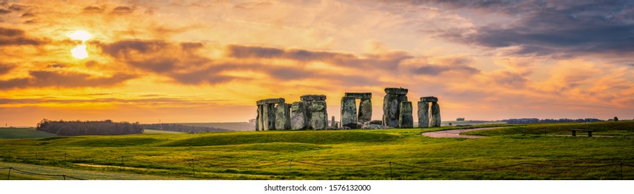 Stonehenge panorama at sunrise in England. United Kingdom 