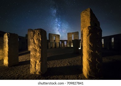 Stonehenge Replica At Night With Milky Way And Stars.