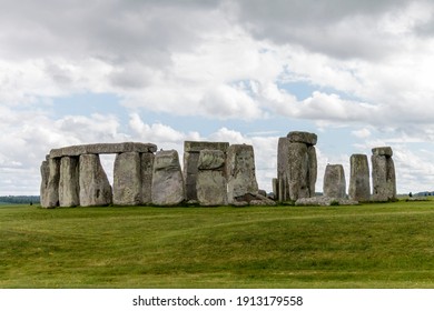 Stonehenge from side view on cloudy spring day