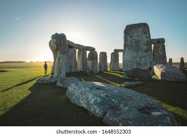 Stonehenge, UK - March 2019. Sunrise in Stonehenge, inner circle walk.