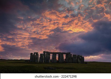 Stonehenge With Winter Solstice Sunset (simulated), No People