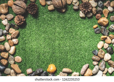 The stones around the rectangular frame. The middle is a green artificial grass. For the character.
