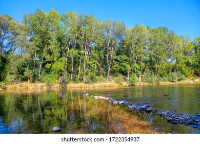 stones in the river water , flowing river scenery 