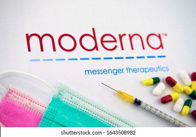 Stone/UK- Feb 11 2020: Moderna Inc Makes MRNA-1273 Experimental COVID-19 Vaccine. Moderna Medical Company Logo Seen On The Brochure With The Viral Masks, Syringe And Pills. 