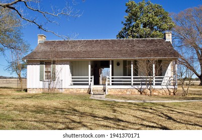 Stonewall, Texas - 2021: Lyndon Johnson had his birthplace home reconstructed near the Pedernales River on the LBJ Ranch, which is now the Lyndon B Johnson National Historic Park. Small white house. 