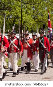 STONEY CREEK, ONTARIO, CANADA - JUNE 6:Soldiers Marching To Battle During A War Of 1812 Re-enactment At Stoney Creek Ontario Canada, June 6, 2011