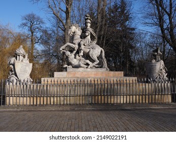 Stony sculpture at baths park in european Warsaw city of Poland at Masovian voivodeship, clear blue sky in 2019 cold sunny winter day on February.