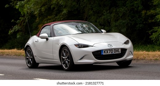 Stony Stratford, Bucks, UK - July 22nd 2022. 2020 white Mazda MX5 sports car