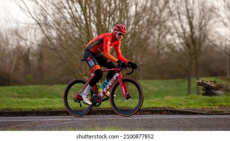 Stony Stratford,Bucks,UK - January 1st 2022. Cyclist On A TREK Cycle Wearing Skin Tight Lycra And A Cycling Helmet On A Country Road