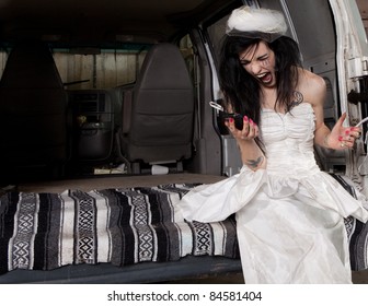 Stood up angry bride screaming at her phone