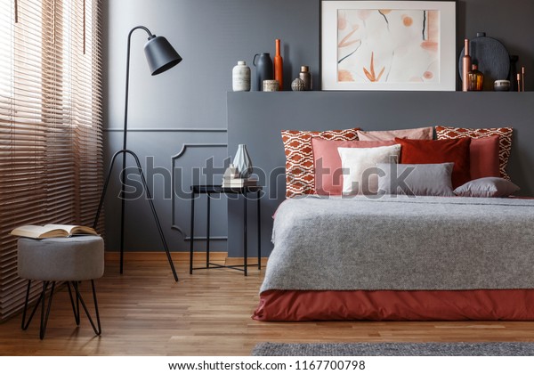 Stool Lamp Near Bed Pink Grey Stock Photo (Edit Now) 1167700798