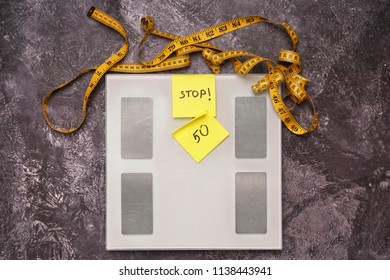 Stop Anorexia Nervosa! Society Perception, Pressure About Weight Problem. Scale With Yellow Measuring Tape. Loss Weight Social Stigma. Body  Positive Concept.                