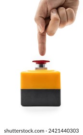 Stop Button and the Hand of Worker About to Press it. emergency stop button. Big Red emergency button or stop button for manual pressing. isolated on white background.