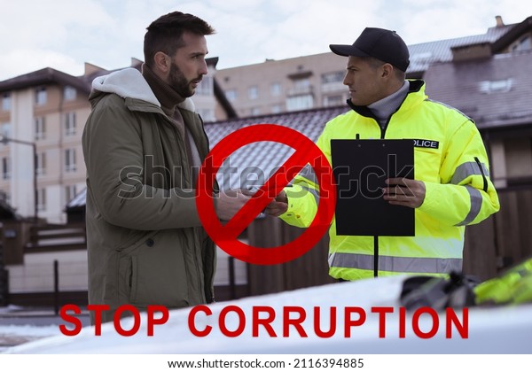 Stop\
corruption. Illustration of red prohibition sign and man giving\
bribe to police officer near car\
outdoors