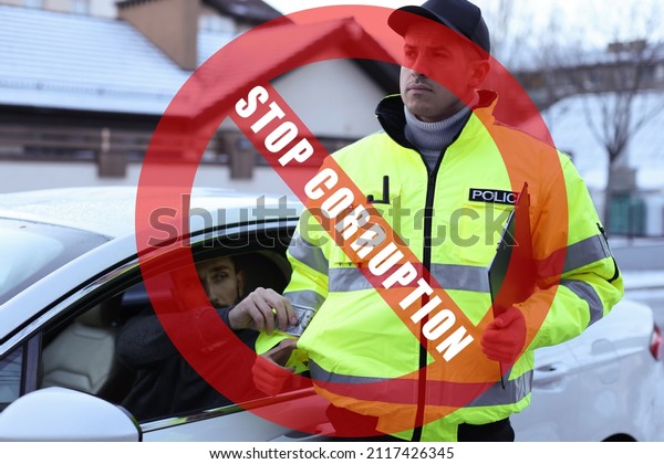 Stop corruption.\
Illustration of red prohibition sign and man putting bribe into\
police officer\'s pocket