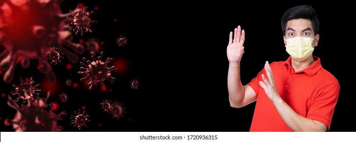 "STOP COVID-19" Coronavirus attacks handsome young asian 
man wearing red shirt and mask protection from covid 19. Asian man people. 3d render COVID-19 concept. Copy space. - Powered by Shutterstock