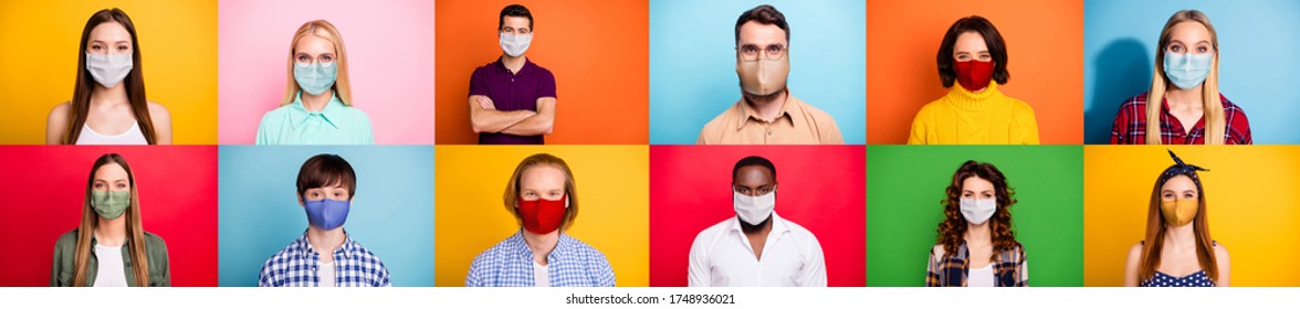 Stop Covid-2019 Concept. Photo Montage Multiple Composite Image Of Careful Crowd Of People Of Different Age And Ethnicity Using Face Facial Sterile Masks Isolated Over Colorful Background