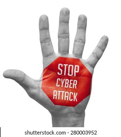 Stop Cyber Attack Sign In Red Polygon On Pale Bare Hand. Isolated On White Background.