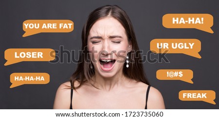 Stop cyberbullying concept. Desperate young girl screaming because of abusive chat texts on dark grey background, collage. Panorama