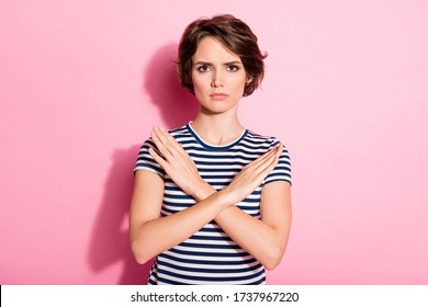 Stop Dont Move, Portrait Of Serious Strict Sullen Girl Cross Hands Sign X Reject Refuse Choice Decisions Wear Good Look Outfit Isolated Over Pastel Color Background