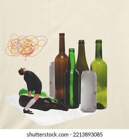 To Stop Drinking. Alcoholism Concept. Stop Alcohol Addiction. Addicting To Alcoholic Drink. Artwork Or Creative Collage With Art Design. Concept Of Healthcare, Alcoholism, Support, Help, Bad Habit